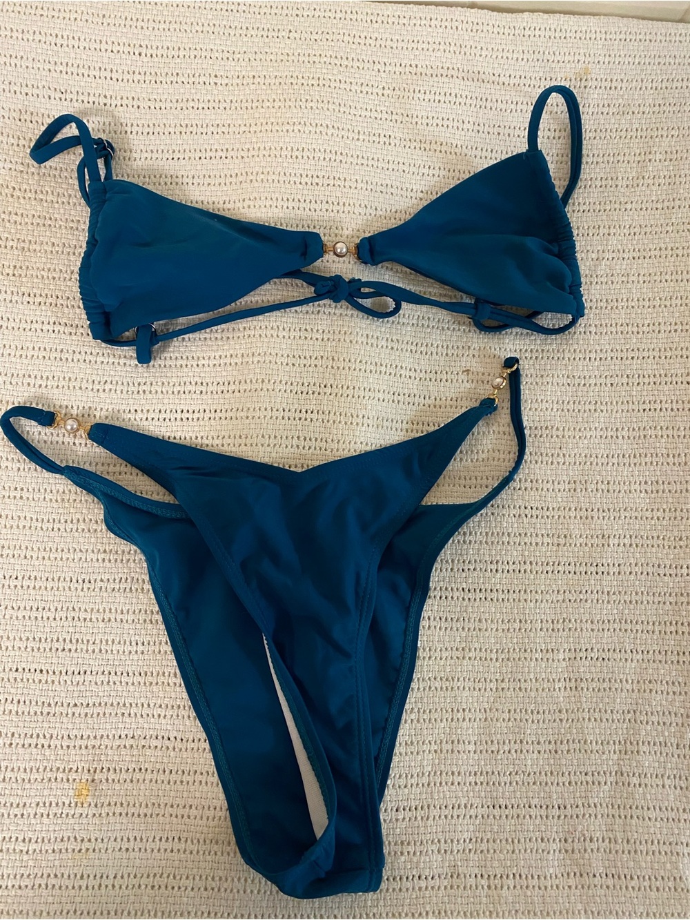 Teal Triangle String Bikini Set with Pearl Accents - Women Swim